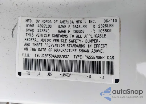 2010 Acura Tl 3.7 z USA, uszkodzony, nr VIN 19UUA9F50AA007937